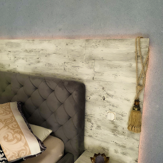 Zeigt ein Hotelzimmer mit Wema-Wanddesign, ein Beispiel von 150 Designs.