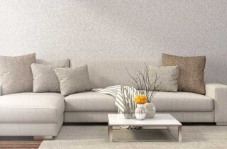 Zeigt ein Wohnzimmer mit Wohnlandschaft und schlichten Wema-Wanddesign, ein Beispiel von 150 Designs.