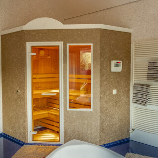 Zeigt eine Sauna mit Wema-Wanddesign, ein Beispiel von 150 Designs.